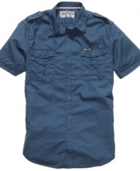 With cool utility styling, this shirt from DKNY Jeans clocks into your weekend wardrobe.