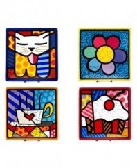 A work of art, these vividly hued, wildly patterned dessert plates showcase the one-of-a-kind style of world-renowned pop artist Romero Britto. Featuring four unique designs.