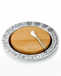 With a pattern inspired by the popular music of Jamaica, the Reggae cheese cutting board from Wilton Armetale serveware combines sleek metal with fun, festive design in a serving piece that is formal enough for dinner parties but casual and durable enough for daily use. This collection of cheese boards must be hand washed.