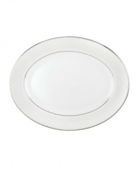 A sweet lace pattern combines with platinum borders to add graceful elegance to your tabletop. The classic shape and pristine white shade make this oval platter a timeless addition to any meal. From Lenox's dinnerware and dishes collection. Qualifies for Rebate
