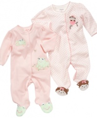Cute lil' critters. You might catch her playing with her toes when she wears one of these adorable footed coveralls from Little Me.