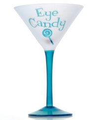 Sweet. Show your sassy side with this flirtatious martini glass. A clear blue base and stem contrasts a frosted white bowl with the phrase, Eye Candy.