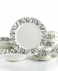 Get in line. Crisscrossed with black, the modern Malawi dinnerware set from Corona offers cool, graphic appeal with every casual meal. Featuring service for four in durable earthenware.