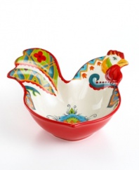 Big bold florals, exuberant hues and a whimsical rooster shape make the Pasha candy dish a country-fun addition to casual tables and decor. From Tabletops Unlimited.