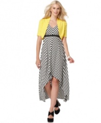 A bright cropped cardigan is the perfect way to play up the striped, asymmetrical silhouette of this AGB dress.
