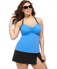 Fit 4 U's plus size tankini top makes a splash with contrasting polka dot-printed straps!