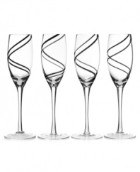 Ribbons of black in clear glass add bold style to Luigi Bormioli's Black Swirl flutes. With a classic shape and sturdy construction, this glassware offers a sophisticated twist on the ordinary.