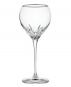 Stemware inspired by the chic London neighborhood, Wedgwood Knightsbridge wine glasses feature a delicately round shape with deep cuts around the bowl, accented with a platinum rim. The stem resembles a flower when viewed from above.