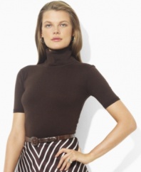 This short-sleeved Lauren by Ralph Lauren turtleneck is jersey-knit in a luxe blend of silk and cotton yarns for a soft hand.