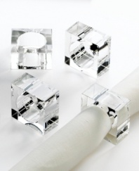 Enhance linens of any color and pattern with Pure napkin rings from Oleg Cassini. Heavy optic glass cut in a chic square adds designer shine to well-dressed tables. A beautiful gift for the perpetual host or bride-to-be.