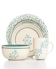 The winding, stenciled vines and brushed aqua blues of Abby Hill dinnerware cater casual tables with handcrafted charm. Ivory stoneware in basic shapes crafted by Tabletops Unlimited provides the perfect foundation for everyday meals.