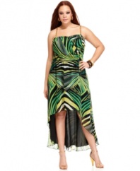 Get a taste of the tropics with Baby Phat's sleeveless plus size maxi dress, finished by a vibrant print and high-low hem.