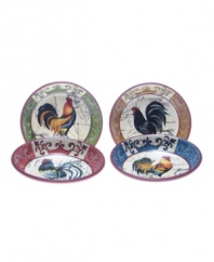 Vintage-inspired Lille Rooster bowls layer farm birds, Baroque florals and notes from France in a set shaped for modern tables but steeped in old-world charm. From Certified International.