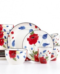 Paint the picture with Scarlet dinnerware from Pfaltzgraff. Bright red poppies and grape hyacinth bloom on contemporary white dishes with inky black trim.