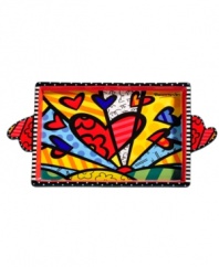 A lot to love, the Heart serving tray is shaped by the vivid colors and bold patterns of world-renowned pop artist Romero Britto. With sculpted handles.