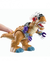 This T-Rex is ready to take action and adventure to a whole new level every time he plays! His arms and neck move, his jaw opens as he lets out a huge dino roar and he can fire at the enemies with his projectile launchers-all with the push of a button. Equipped with a figure-activated control pod and removable gear for classic dino play.