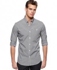 This long-sleeved patterned shirt from Calvin Klein keeps you in check with modern style.