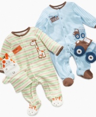 Keep him cozy and help show off his personality in this footed coverall with matching hand puppet or crinkle blanket from Little Me.
