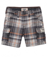 Pick a pocket, any pocket. There's plenty of space for him to put his favorite things so he can transport them wherever he goes in these cargo shorts from Osh Kosh.