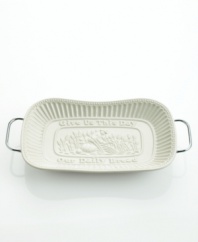 Appropriately embossed with Give Us This Day, Our Daily Bread, this porcelain bread tray warms your table with traditional charm. Beaded and fluted, the ornate rim frames the famous phrase and a field of wheat. Set in a metal rack.