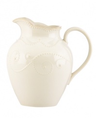 With fanciful beading and a feminine edge, this pitcher from the Lenox French Perle white dinnerware collection has an irresistibly old-fashioned sensibility. Hard-wearing stoneware is dishwasher safe and, in a soft white hue with antiqued trim, a graceful addition to everyday dining. Qualifies for Rebate