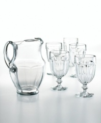 Clean, crisp, elegant. From a summer afternoon on the porch to your finest cocktail party, this set of classic all-purpose drinking glasses and accompanying pitcher are just right for the occasion.