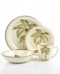 Serve up the flavor of the Caribbean with Palm Court Round place settings from the Gibson dinnerware collection. A large, hand-painted palm tree, and stripes of green and yellow make it a fun, versatile addition to any summer soiree.