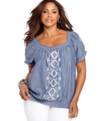 Snag a chic addition to your casual get-ups with Style&co.'s short sleeve plus size peasant top, accented by charming embroidery-- it's an Everyday Value!