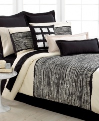 Express your artistic side in bold black and white with Echo's Brushstroke comforter set. Featuring soft, 400 thread count cotton with a unique line motif for a hand-embellished look; reverse and bedskirt feature solid black 250 thread count cotton with a sateen finish.