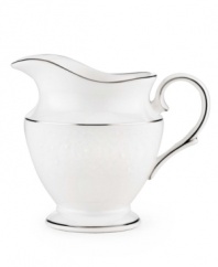 Beautiful and bridal-inspired, this white creamer is richly textured with a delicate floral motif and raised, beaded accents. Finished with a band of polished platinum. Qualifies for Rebate