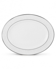 This classically designed platter is accented by a platinum rim and a delicate flourish of vine-like, white-on-white imprints with raised, iridescent enamel dots. From Lenox's dinnerware and dishes collection. Qualifies for Rebate