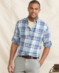 Roll up your sleeves and get to work looking good in this plaid button-front shirt from Tommy Hilfiger.