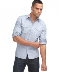 Roll into the night with style wearing this roll tab-sleeved shirt from Kenneth Cole.