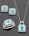 Blissful cushion-cut blue topaz (5-1/2 ct. t.w.) is highlighted by round-cut white topaz (1/2 ct. t.w.) and sparkling diamond accents in this eye-catching matching jewelry set. Crafted in sterling silver. Approximate length: 18 inches. Approximate drop: 3/4 inch. Approximate earring diameter: 1/2 inch. Ring Size 7.