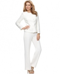 Tahari by ASL redefines elegance with this beautiful suit, featuring a textured tweed jacket with pearlescent button closures and tailored bootcut pants.