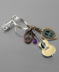 Music is your life. This hip key fob by Lucky Brand features an array of acoustically-inspired charms including a guitar pick, a guitar, a peace sign and a purple bead. Crafted in vintage silver tone and gold tone mixed metal.