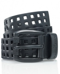 Toss aside the boring belts and try your luck on an edgier accessory with Mark Ecko's perforated leather belt finished with miniature dice at the buckle.