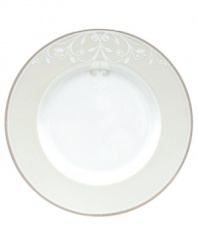 Refine your formal table with classic cream and white. Trimmed in platinum and accented with a raised dot and scroll pattern, this china dinnerware brings contemporary grace to special occasions. A pearlized finish adds subtle shimmer. Qualifies for Rebate