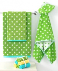 Hop to it! This cheerful Froggy hand towel makes bath time a time for smiles in pure cotton. Its green terry jacquard weave with white polka dots features a cool blue border.