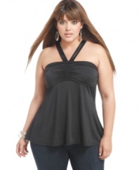 Get the party jumping in Apple Bottoms' halter plus size top, featuring an empire design.