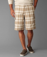 Weekend update. Kick back in these cool plaid shorts from your fave brand: Dockers.
