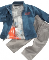 City slicker. Start his urban style early in this graphic shirt, sweatshirt and pants set from DKNY.