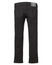 Slim-cut black ponti pants featuring True Religion's signature horseshoe pocket detail are a must-have--dressed up or down.