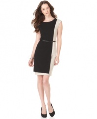 Calvin Klein's sleek belted sheath works the colorblocked look for all it's worth in this flattering petite dress.