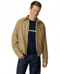 Slip into this classic and set sail!  The perfect jacket for a jaunt across the bay, or a stroll across town. The sturdy shell & cotton lining will keep your bones warm wherever the wind kicks up. Point collar with button closure at neck.  Embroidered sailboat at chest. Zip front. Front slash pockets. Nautica logo at back.