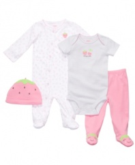 Berry, berry special. Her naturally sweet personality will shine through in any of these pieces from this Carter's set. Includes bodysuit, footed coverall, footed leggings and beanie hat.