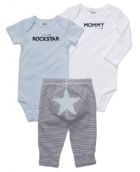 He'll be a star in this three piece set from Carters, each with an individual print that will show off his baby style.