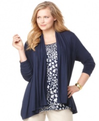 Take your style to new levels of chic with Charter Club's layered look plus size top, including an open front cardigan and printed inset.