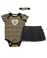 Dance the night away. She'll be the perfect partner in an adorable bodysuit, skirt and headband set from Baby Essentials.