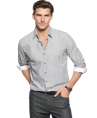 Trim, no gym. With a fitted style, this bengal-striped shirt from Tasso Elba is ultra-modern.